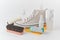 Clean canvas sneaker, brush, sponge and various detergents on white background