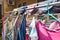 Clean clothes hanging on clothesline on a sunny laundry day