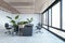 Clean concrete and wooden office interior with furniture and daylight, window and city view.