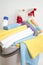 Clean damp cloth and detergents background