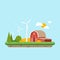 Clean energy in rural areas. Farm barn near trees and wheat field. Vector, illustration EPS10.