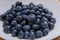 Clean freshly picked blueberries on white plate - close up studio shot.  Ingredients:  Antioxidants , Vitamin C, Antioxidant