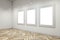 Clean gallery interior with empty mock up poster frame on concrete wall and wooden parquet flooring. 3D Rendering