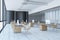 Clean glass corridor office interior with window and city view.  3D Rendering