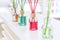 Clean, hygiene, aromatherapy and health. Fragrant air freshener in glass jars with sticks for home and rooms with different odors