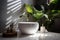 clean leaf green design interior white tropical sink counter background bathroom home. Generative AI.