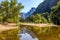The clean Merced River reflects a distant blue tinted half dome and trees in Yosemite National Park