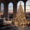 A clean, modern interior with a tall Christmas tree decorated in golden tones