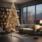 A clean, modern interior with a tall Christmas tree in a skyscaper with view over the city