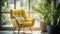 Clean and modern yellow armchair in a minimalist home corner with a view of nature