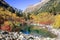 Clean mountain lake among trees and rocks of Caucasus