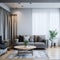 Clean Neutral Color Modern Living Room Cozy Couch Wooden Floor Big Window natural Light Green Plant High Ceiling Led Spot lights