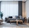 Clean Neutral Color Modern Living Room Cozy Couch Wooden Floor Big Window natural Light Green Plant High Ceiling Led Spot lights