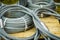 Clean new steel rope wire, coiled steel cable
