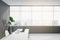 Clean office interior with mock up place, workplace desk, laptop, chair, decorative plant, blinds and daylight.