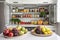 clean and organized kitchen with fresh fruits and vegetables in the fridge