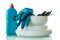 Clean plates and Cutlery, detergent, sponge and gloves isolated on white