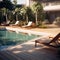 A clean pool deck with stylish furniture, decorative plants, and a well-maintained surrounding area, demonstrating an inviting and