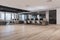 Clean spacious hardwood and concrete coworking office interior with windows and city view, wooden parquet flooring, furniture and