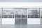 Clean storefront with empty white wide mock up banner and city window reflections. Mock up