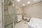 Clean stylish designer modern bathroom. Bathroom interior in luxury home with glass shower and bathtub