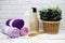 Clean towels, Shampoo, Liquid Soap with Other Toiletry and interior accessories with copy space