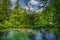 Clean, turquoise lake surrounded by lush green plants and forest in Plitvice Lakes