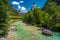 Clean, turquoise Soca river in the forest, Kobarid, Slovenia