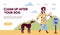 Clean up after dog web banner with woman and her pet, flat vector illustration.