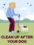 Clean up after your dog card with pet owner and dog, flat vector illustration.