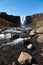 Clean water of famous Iceland waterfalls on a stony rocky mountain landscape