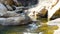 Clean water flow in rocky river in mountain close up. Rapid water stream from tropical waterfall pouring in mountain