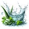 Clean water splash with mint leaves, aloe slices and splatters in water wave isolated on white background