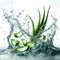 Clean water splash with mint leaves, aloe slices and splatters in water wave isolated on white background