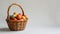 A clean, white background adorned with a single, intricately designed Easter basket filled with eggs