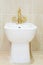 Clean and white bidet with gold-plated faucet