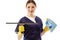 Clean woman with a window cleaner squashed on a white background.