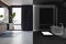 Clean wooden and concrete bathroom interior with black curtains, various items and window with city view. Interior designs concept