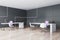 Clean wooden and concrete office interior with furniture. 3D