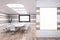 Clean wooden meeting room interior with blank mock up presentation poster and furniture. 3D Rendering