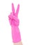 Cleaner hand in pink rubber glove gesturing victory isolated on