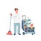 Cleaner with janitorial supplies flat color vector faceless character