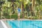 Cleaner of the swimming pool . Man in a blue shirt with cleaning equipment for swimming pools, sunny