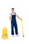 cleaner in uniform with broom in hand showing thumb up