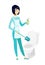 Cleaner in uniform cleaning toilet bowl.
