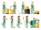 Cleaner vector characters with cleaning equipment. Cleaning company team in uniform vector set