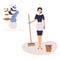 Cleaner woman or girl with sweeping brush and bucket.Cute maid near vase with beautiful leaves and branches.Vector illustration.