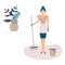 Cleaner woman or girl with sweeping brush and bucket.Cute maid near vase with beautiful leaves and branches.Vector illustration.