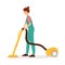 Cleaner woman using yellow vacuum cleaner to clean the floor.