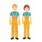 Cleaners in uniform woman and man icon, flat style. Workers isolated on white background. Vector illustration.